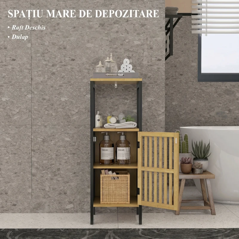 HOMCOM Dulap de Baie cu Raft Deschis și Dulăpior, din MDF și Bambus, 32x30x90,5 cm, Negru și culoare Lemn