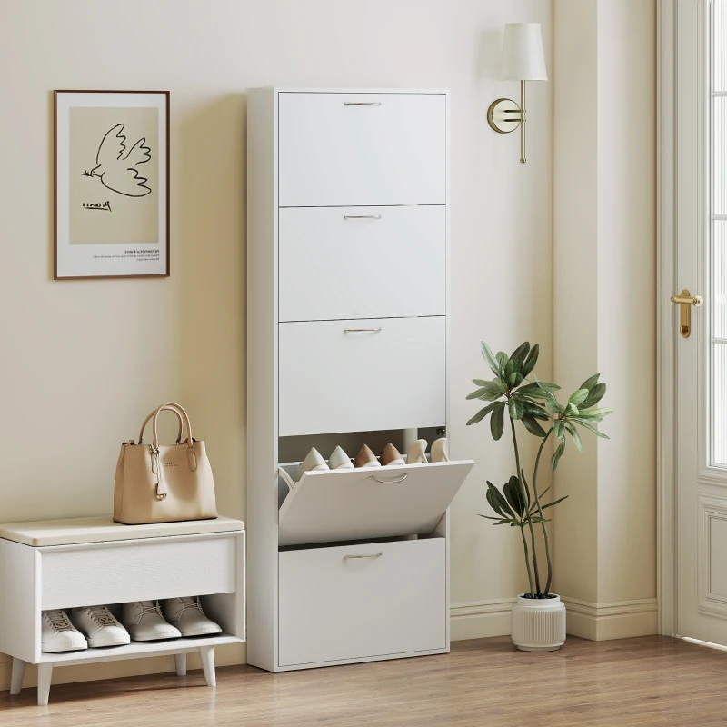 HOMCOM Mobile Scarpiera a 5 Ante Antiribaltamento, in Legno, 65x17x180.5 cm, Bianco