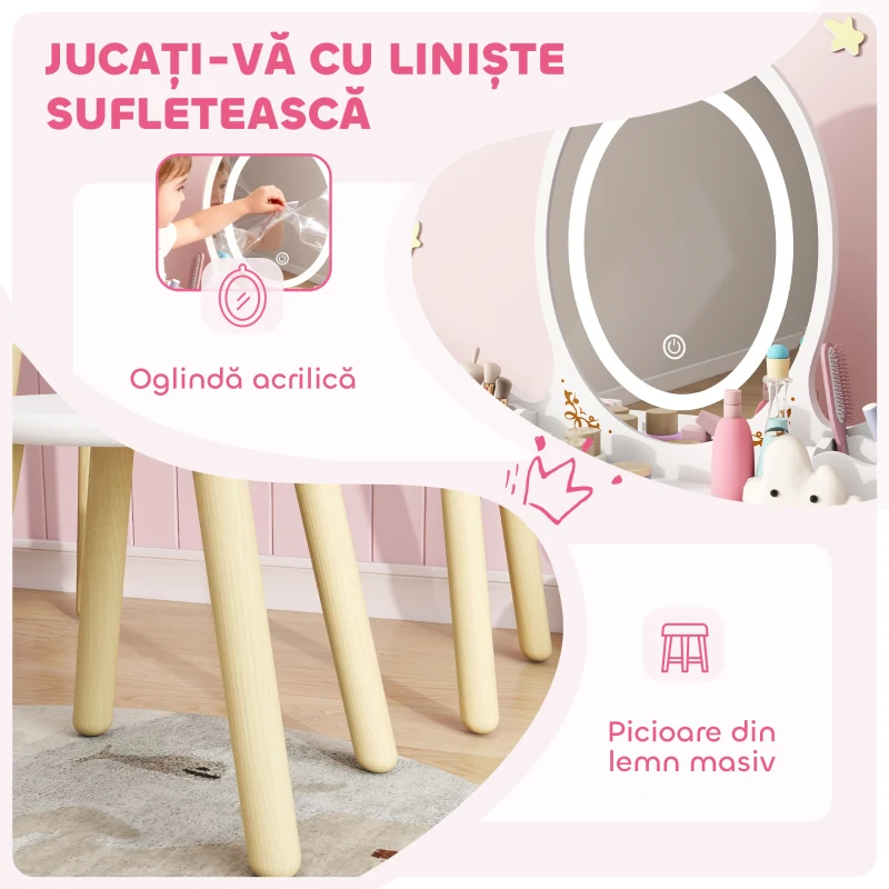 AIYAPLAY Set de Toaletă pentru Copii de la 3 Ani cu Oglindă Iluminată și Taburet, 2 Sertare și 2 Cutii, Alb