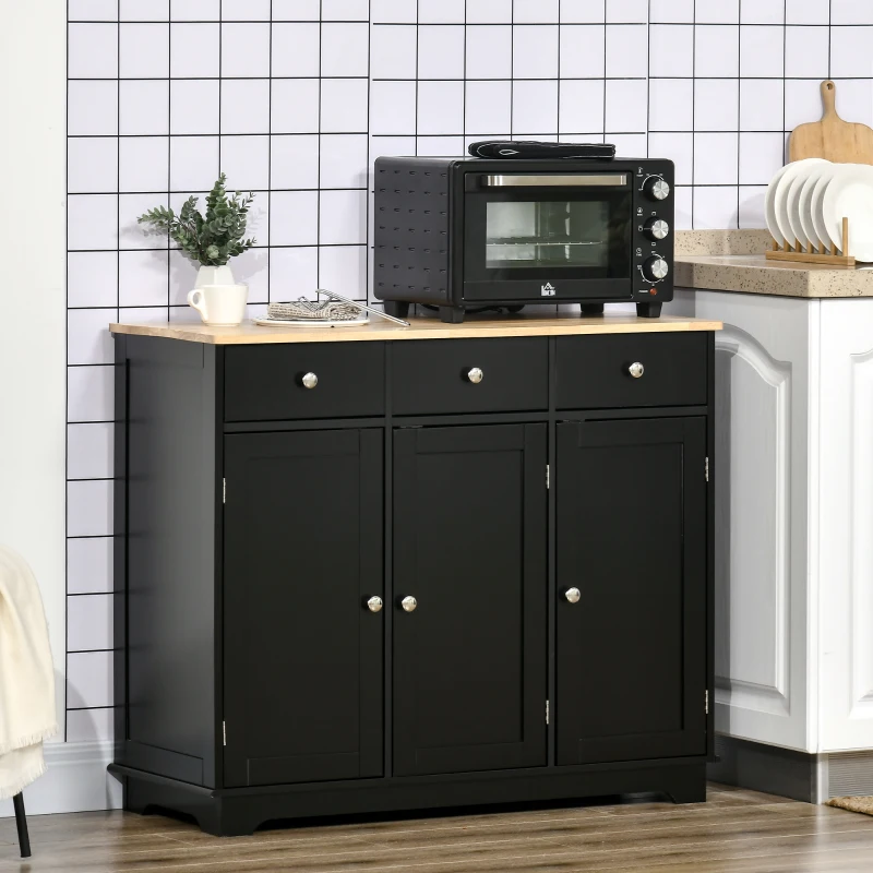 HOMCOM Sideboard with Rubberwood Top and Adjustable Shelves for Dining Room, Kitchen - Black