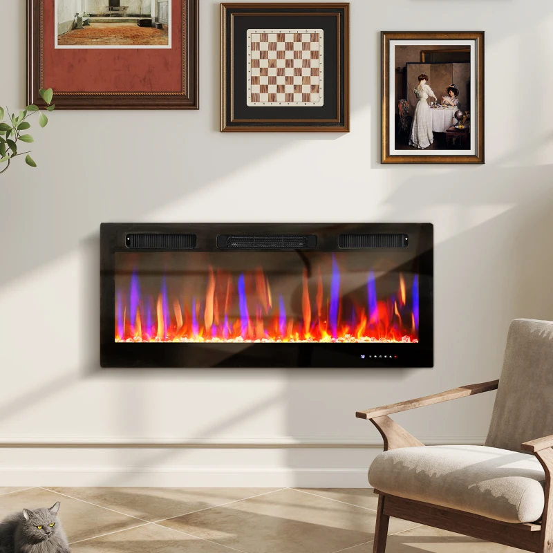 HOMCOM Camino Elettrico da Incasso con Fiamma Indipendente, 3 Modalità di Riscaldamento e Telecomando, 106.7x9.4x47 cm, Nero