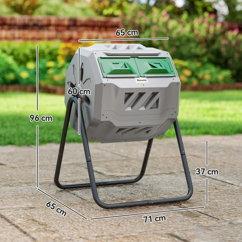 Outsunny Kompostbehälter mit 2 Behältern, 160 L Fassungsvermögen, drehbar, 71 cm x 65 cm x 96 cm, Grau + Grün + Schwarz