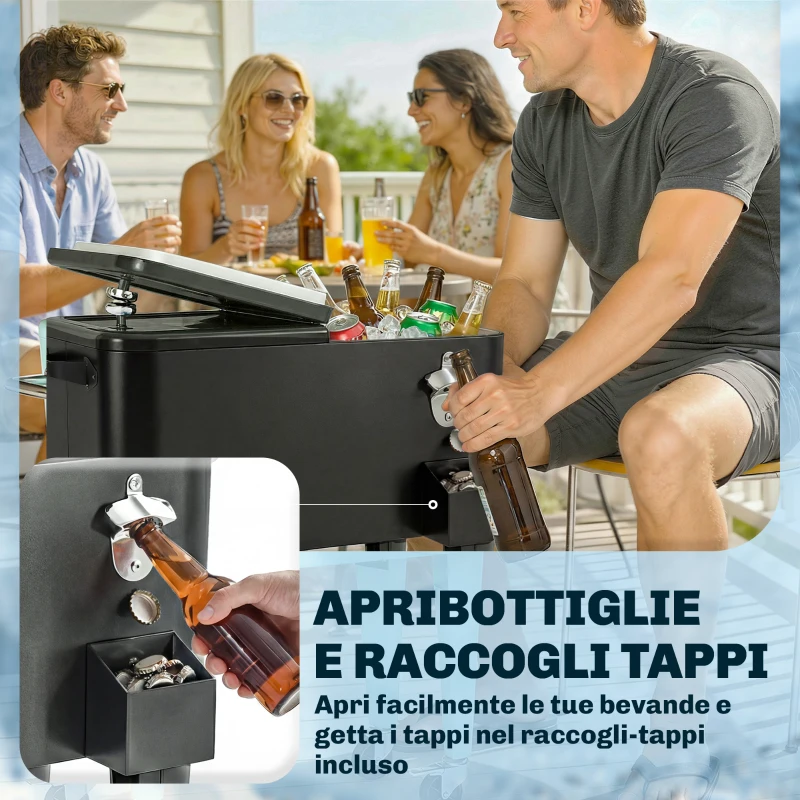 Outsunny Carrello Frigo 76L con Ripiano, Apribottiglie e Raccoglitore Tappi, in Plastica e Acciaio, 91x39x84.5 cm, Nero