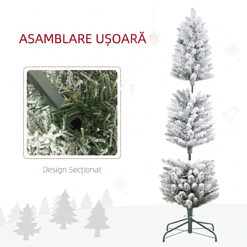 HOMCOM Brad de Crăciun înzăpezit cu 263 de crengi și lumini LED albe, din plastic și metal, Ø45x150 cm, verde