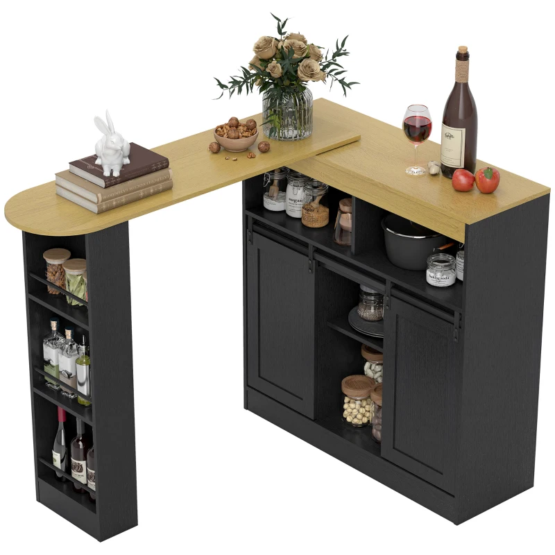 HOMCOM Ausziehbarer Bartisch, zu L-Form umwandelbar, viel Stauraum, 3 verstellbare Regale, Spanplatte, MDF, Schwarz