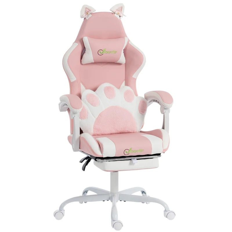 Vinsetto Scaun Gaming Ergonomic Rabatabil, cu Suport Picioare Urechi Pisică Roz