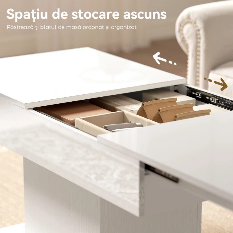 HOMCOM Măsuță de Cafea Extensibilă cu Compartiment Ascuns, Măsuță Modernă Extensibilă cu Picioare Antiderapante, Masă pentru Living sau Birou, 108-178.5x53x49 cm, Alb Lucios