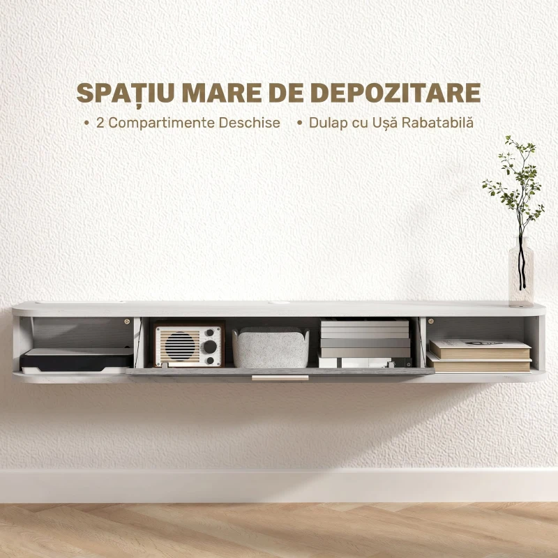 HOMCOM Dulap TV Suspendat din Lemn cu 2 Rafturi Deschise și Dulap, 120x26x16 cm, Alb și Gri