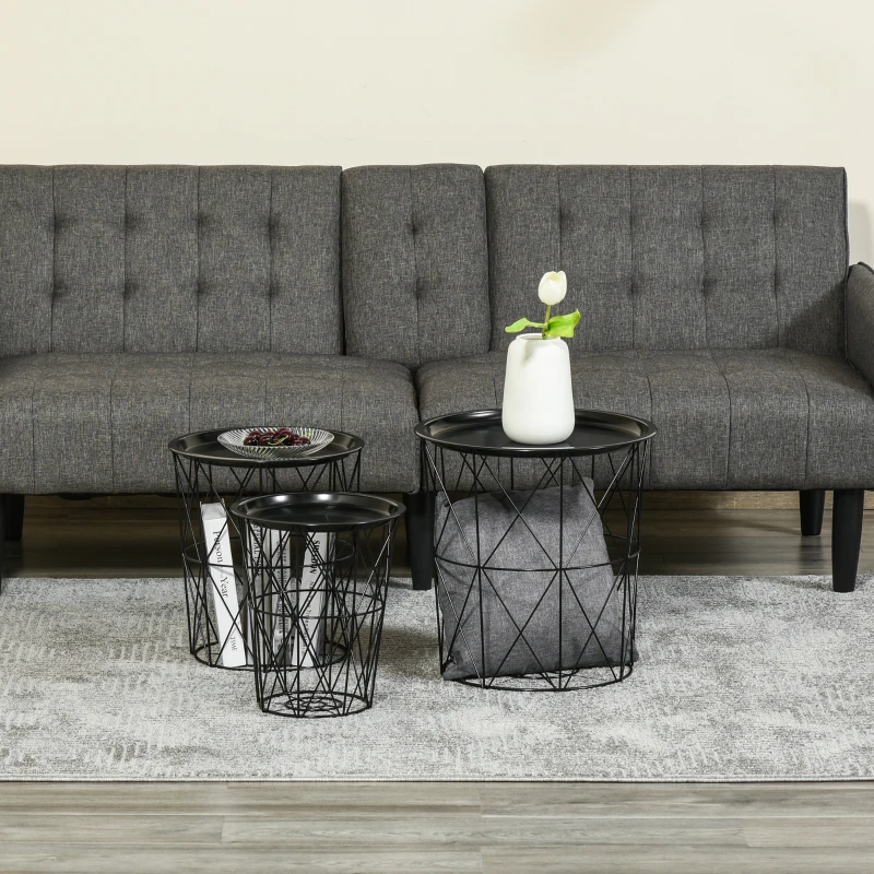 HOMCOM Set 3 Tavolini da Salotto Moderni con Coperchio Rimovibile, Tavolino Basso Contenitore in Acciaio Nero, Forma Cilindrica