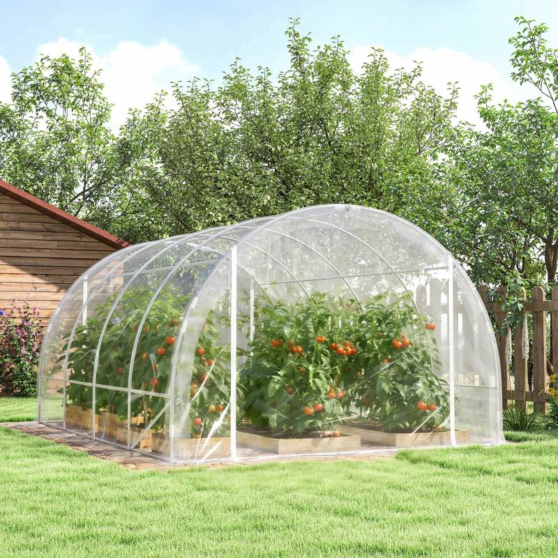 Outsunny Seră de Grădină Tip Tunel 3x4x2 m cu 2 Uși Rulabile, Seră pentru Legume cu 4 Întăriri Diagonale, Cadru din Oțel și Acoperiș PE, pentru Legume, Flori, Fructe, Anti-UV, Transparent