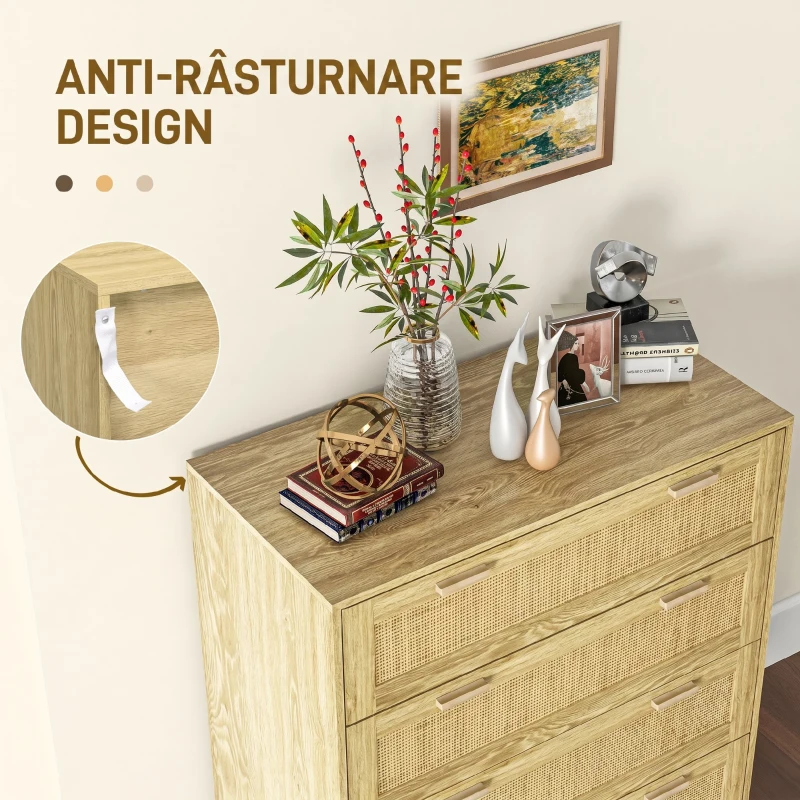 HOMCOM Comodă cu 4 Sertare, Stil Boho, din Lemn și Ratan, 90x45x108,5cm, Stejar(m-6)