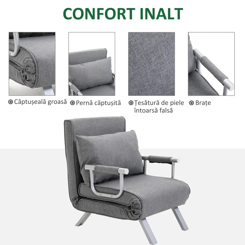 HOMCOM Fotoliu Pat Single cu Spătar Reglabil pe 5 Nivele și Pernă, din Material Textil, Gri Deschis
