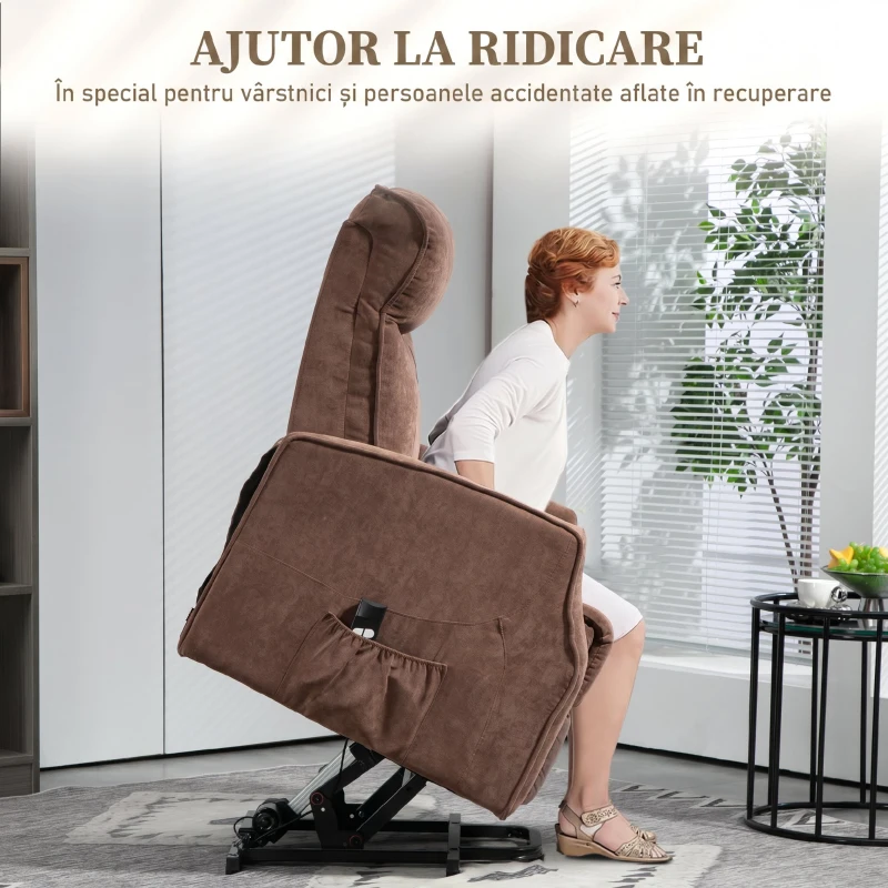 HOMCOM Fotoliu Relax Electric cu Funcție de Ridicare, 8 Puncte de Masaj, Reclinabil până la 135° cu 2 Telecomenzi, Maro