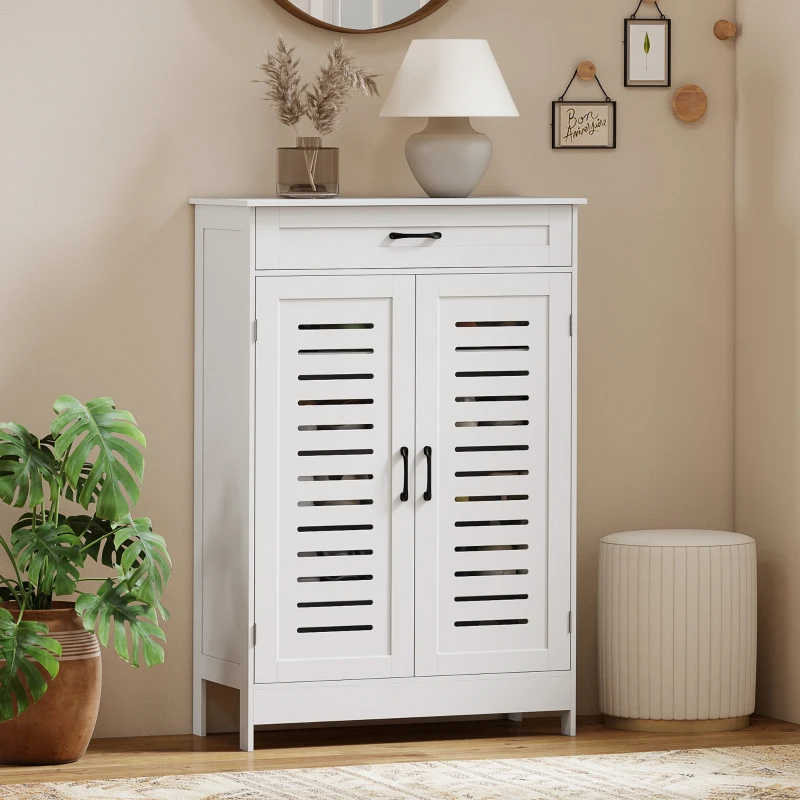 HOMCOM Shoe Cabinet with Louvered Doors, Modern Shoe Storage Cabinet with Drawer and Adjustable Shelves, White