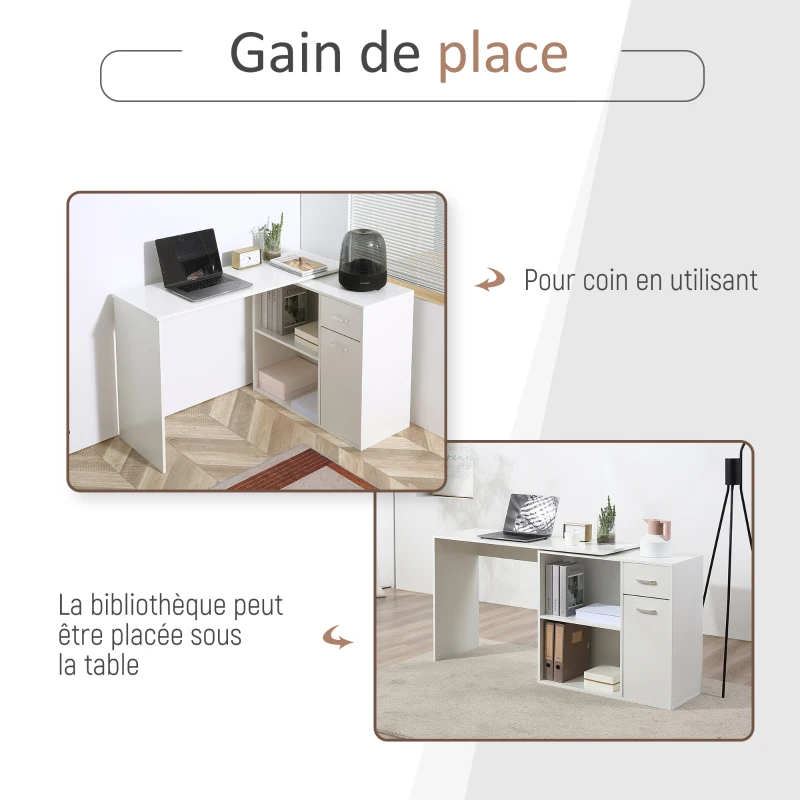 HOMCOM Bureau d'angle rotatif à 180°, bureau d'ordinateur, bibliothèque, tiroir, placard, poste de travail, 117x82x74cm, blanc