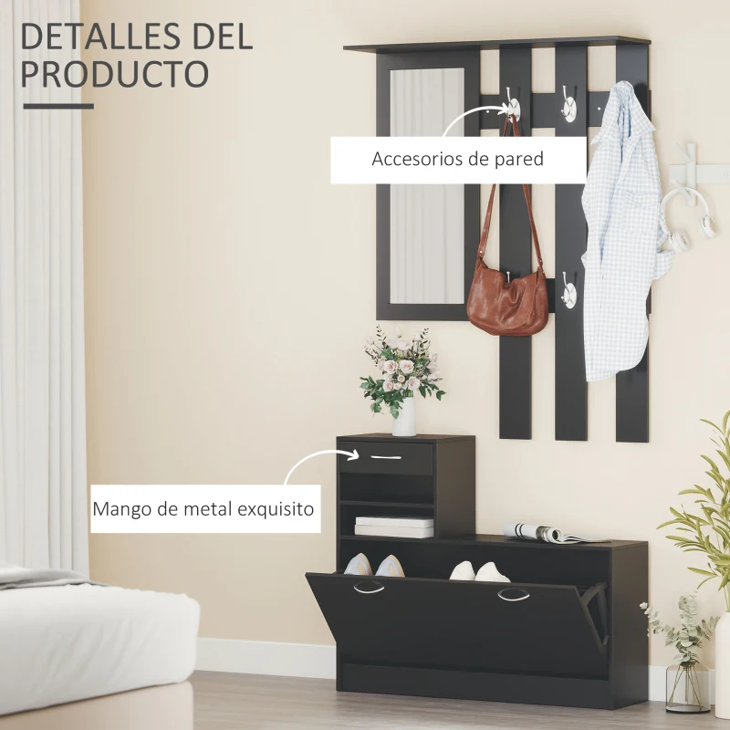 HOMCOM Conjunto de Recibidor de Entrada con Espejo Perchero y Zapatero Muebles de Recibidor de 2 Piezas con 6 Ganchos Negro