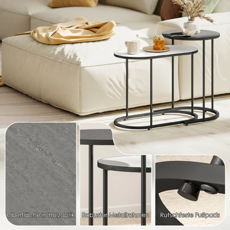 HOMCOM Set 2 Mese de Cafea Suprapozabile cu Cadru din Metal pentru Living și Birou, Gri și Alb