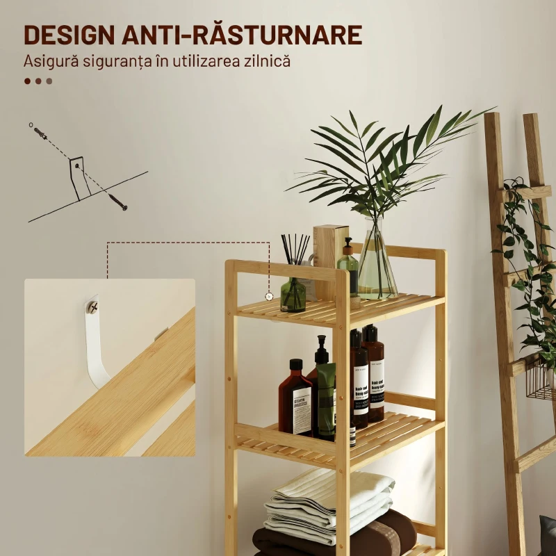 HOMCOM Raft de Baie cu 5 Rafturi Reglabile în Înălțime din Bambus, 43.5x31.5x142 cm, Lemn Natural