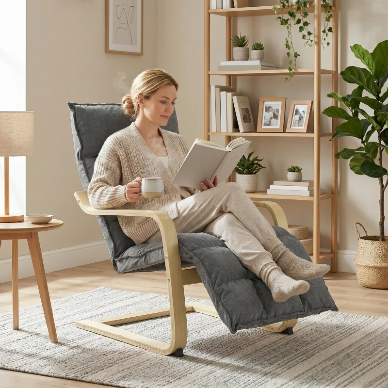 HOMCOM Butaca de Salón Tapizada en Lino con Reposapiés con Balanceo Suave Respaldo Alto Asiento Amplio Gris
