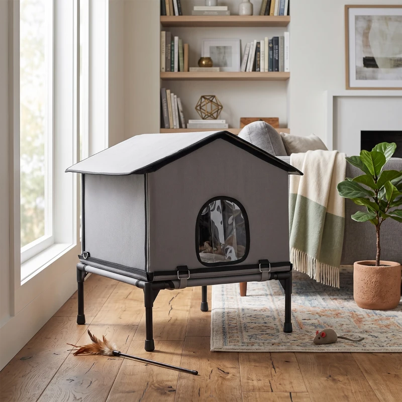 PawHut Casa para Gatos Plegable con Cojín Cama Elevada Resistente al Agua 62x58,5x60 cm Gris