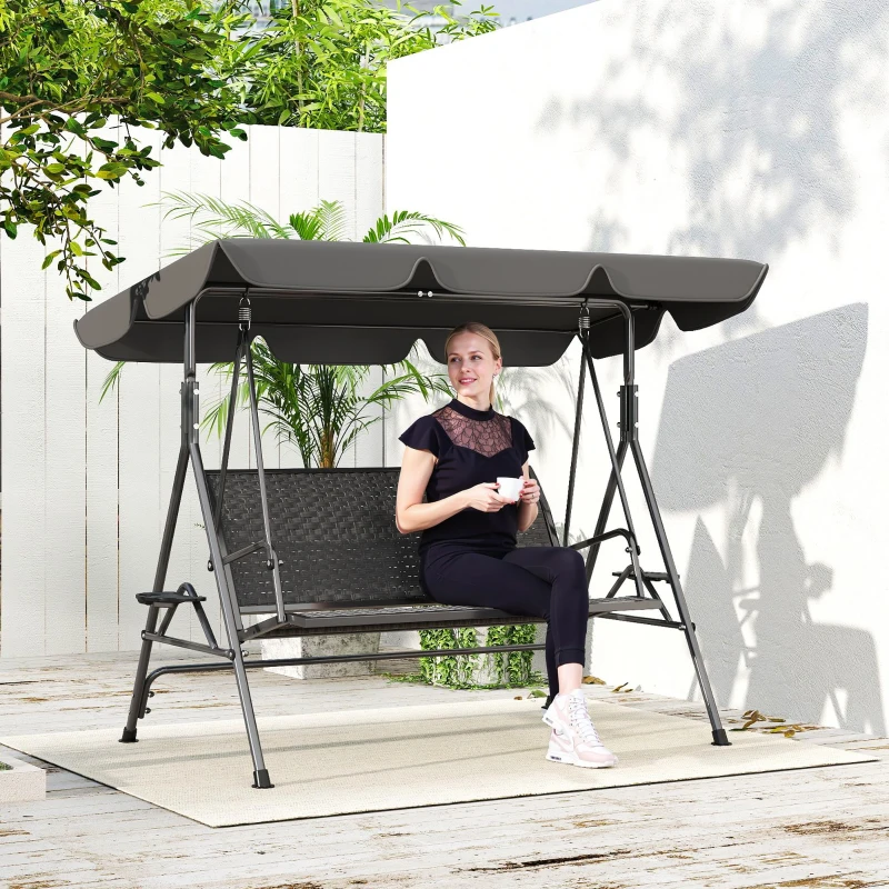 Outsunny Balansoar de Grădină 3 Locuri din Ratan PE cu Acoperiș Reglabil și Suporturi pentru Pahare, Balansoar de Exterior cu Cadru din Oțel, Capacitate 320 kg, 204x112x150 cm, Gri