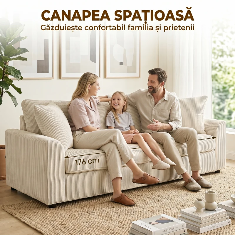 HOMCOM Canapea cu 3 locuri din catifea cu arcuri individuale și 2 perne, 212x80x88 cm, alb crem