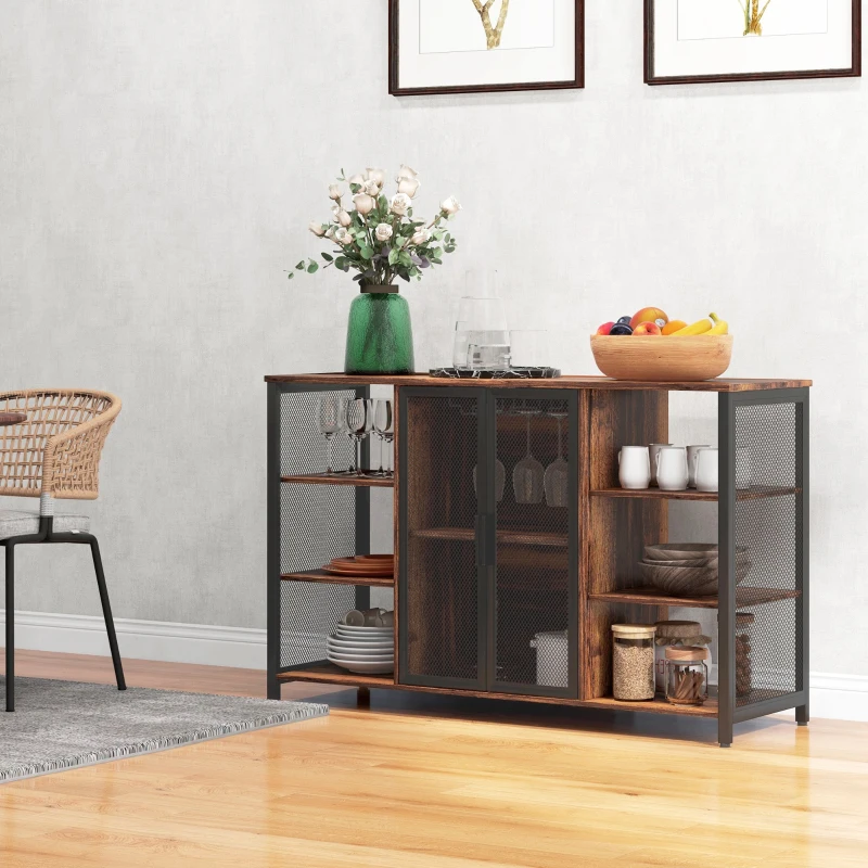 HOMCOM Aparador de Cozinha Industrial Móvel de Armazenamento de Garrafas para Bar Sala Cozinha 120x40x76 cm Castanho Rústico