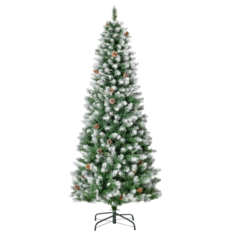 HOMCOM Brad de Crăciun Înzăpezit de 180 cm cu 630 de Ramuri și 37 de Conuri, din Plastic și Metal, Verde și Alb