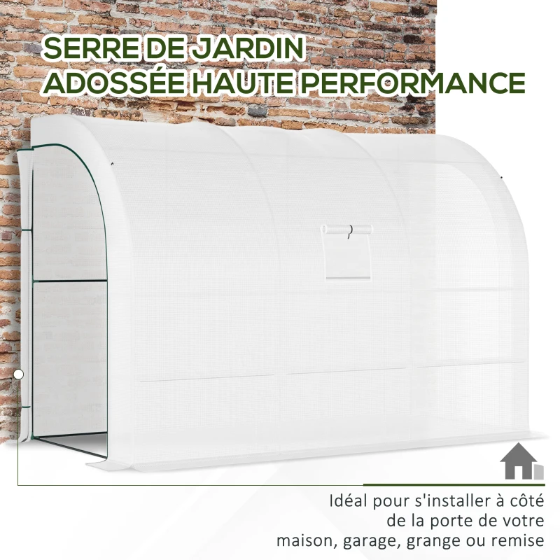 Outsunny Serre de Jardin adossée avec Étagères 3 Niveaux, Petite Serre de Balcon en Bâche PE 140 g/㎡ 300 x 150 x 213 cm, blanc