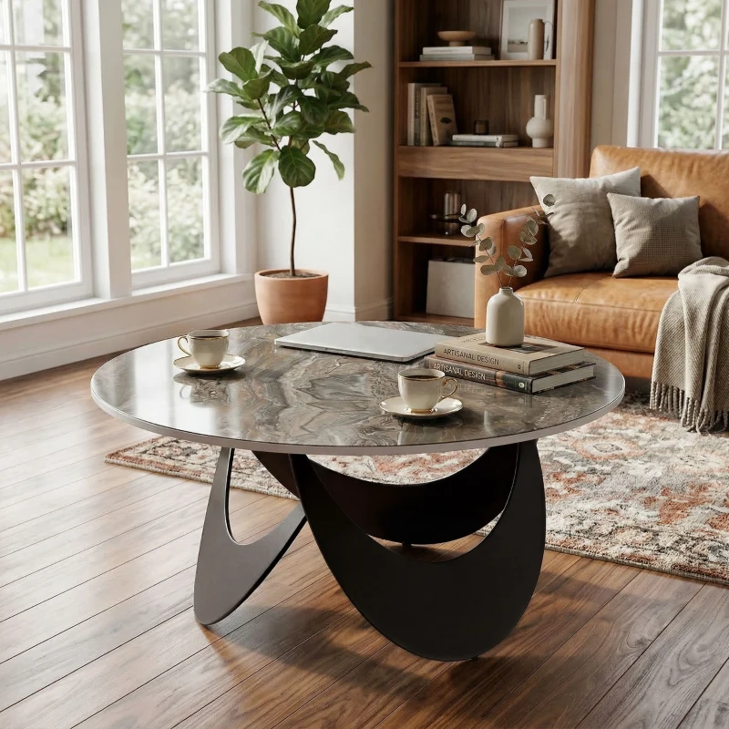 HOMCOM Coffee Table Sintered Stone Top Adjustable Foot Pads Modern Centre Table for Living Room Brown and Black