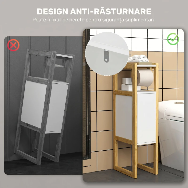 HOMCOM Dulap de Baie Economisitor de Spațiu cu Suport pentru Hârtie Igienică, Dulap și Raft din Bambus, 20x33x80cm, Alb