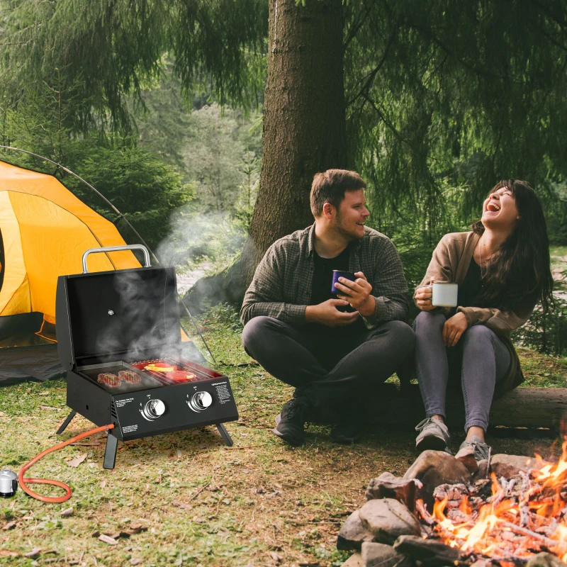 Outsunny Barbacoa de Mesa a Gas Plegable con 2 Quemadores Parrilla de Gas Portátil con Tapa Acero a Carbono para Camping Picnic al Aire Libre Jardín 55x46,5x41 cm Negro