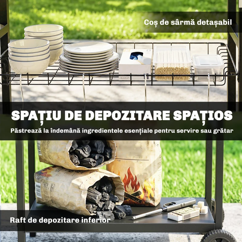 Outsunny Cărucior pentru Grătar de Exterior cu Blat din Oțel Inoxidabil, Cârlige și Mâner Lateral, Negru