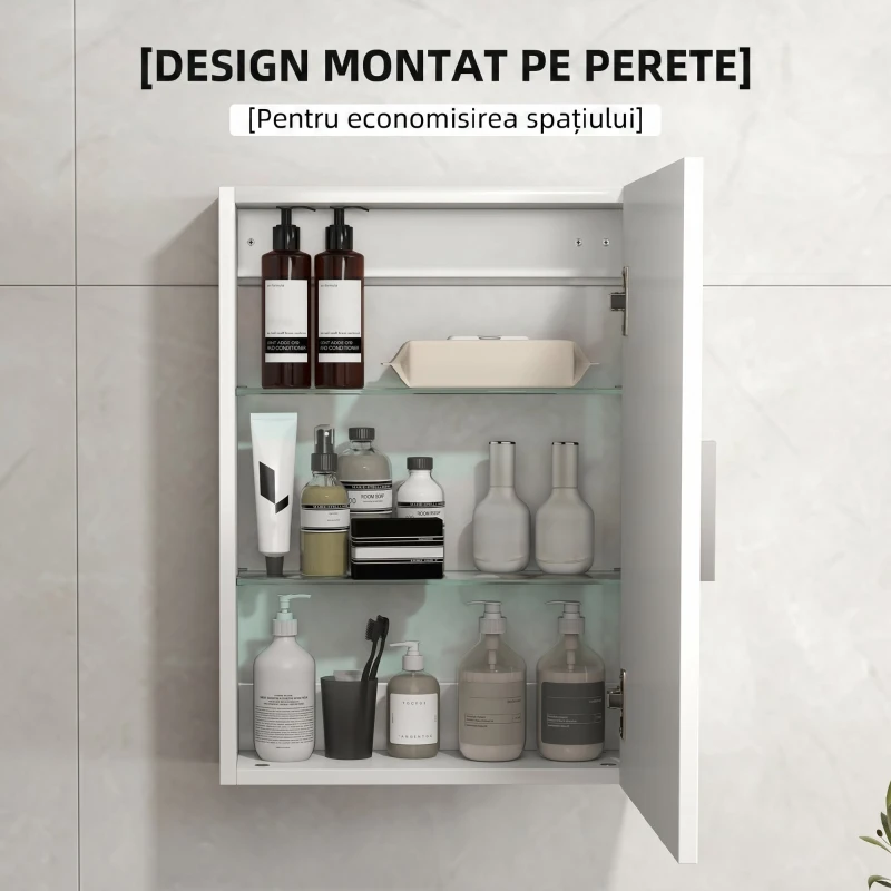 HOMCOM Dulap de Perete pentru Baie din Lemn cu 3 Rafturi Reglabile din Sticlă pe 3 Niveluri, 40x15x55 cm, Alb