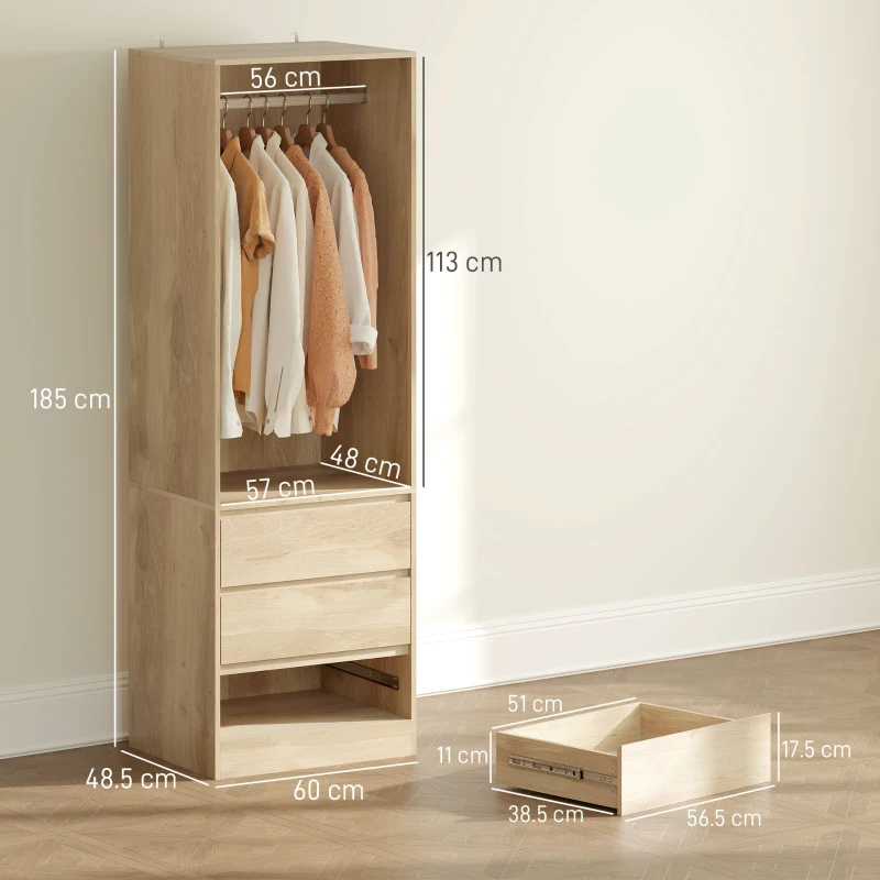 HOMCOM Dulap Garderobă cu Bară pentru Umerașe, Raft Deschis și 3 Sertare, din Lemn, 60x48,5x185 cm, culoare Teak(m-3)