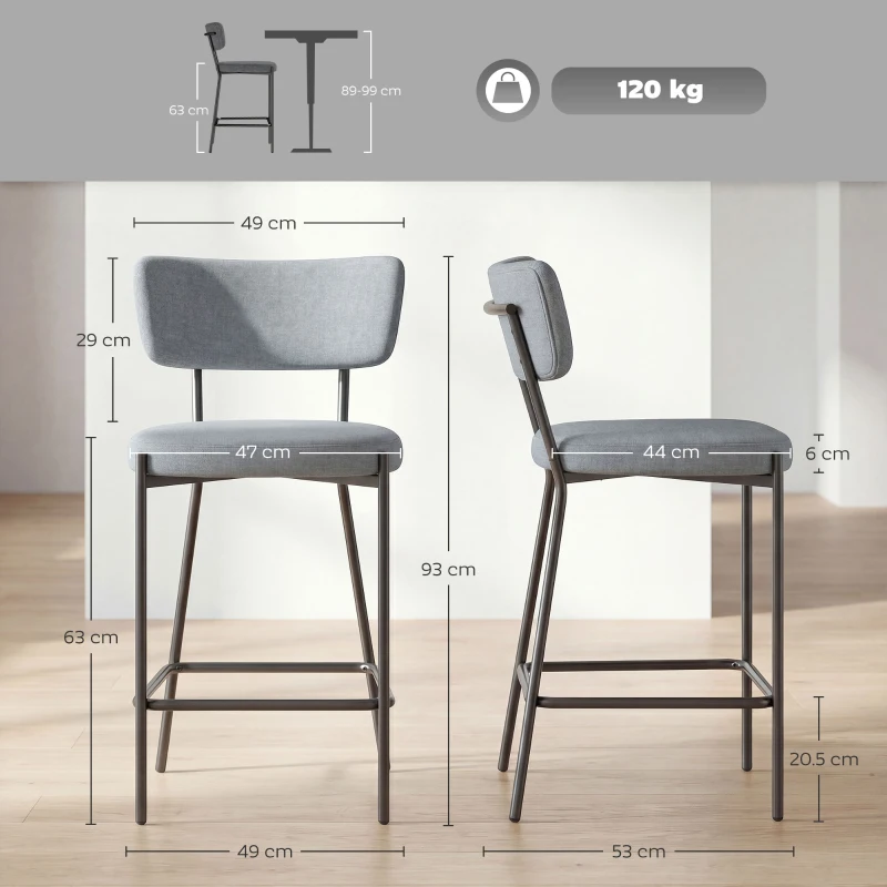 HOMCOM Set de 2 Scaune de Bar cu Spătar și Suport pentru Picioare din Metal și Material Textil, Gri Deschis