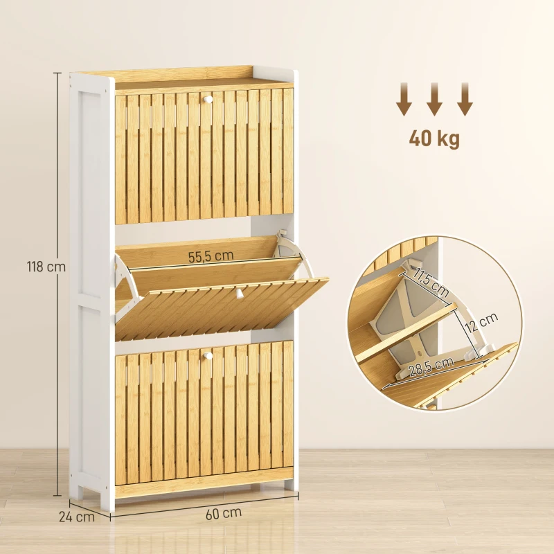 HOMCOM Meuble à chaussures 18 paires avec 3 tiroirs rabattables, portes en bambou à lattes, 60x24x118cm, blanc et bois naturel
