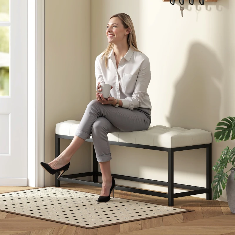 HOMCOM Banco Pie de Cama Tapizado en Terciopelo Diseño Capitoné Base de Metal para Dormitorio Entrada Salón Crema