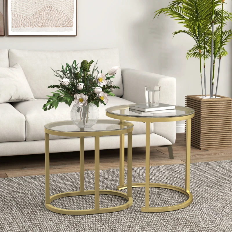 HOMCOM 2er-Set Couchtisch, Ovaler und runder Kaffeetisch, stapelbar, Stahl, Ø50 x 50,5H cm, Gold