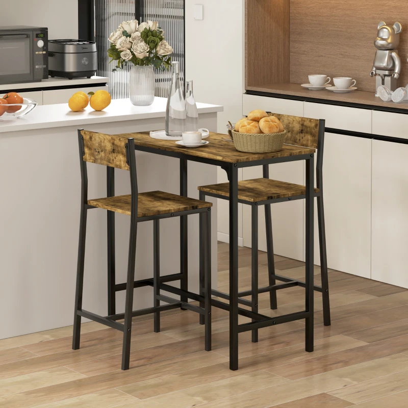 HOMCOM 3-teiliges Bar-Set, Stehtisch, 2 Stühle, MDF, Metallrahmen, wasserfest, Braun
