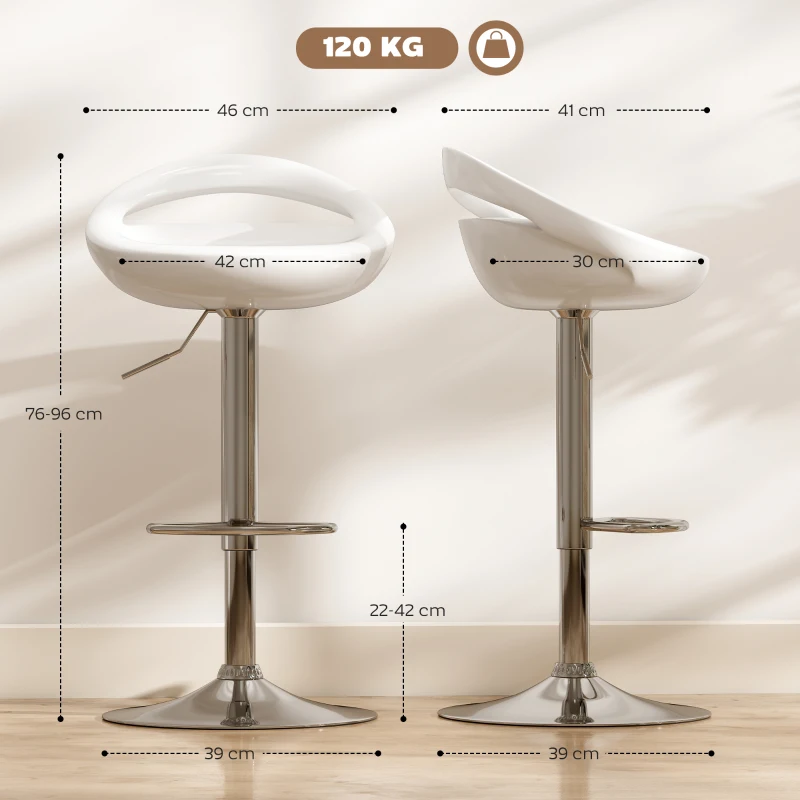 HOMCOM Set 2 Scaune de Bar Rotative cu Suport pentru Picioare, Înălțime Reglabilă, Bază din Oțel, Șezut ABS, Alb