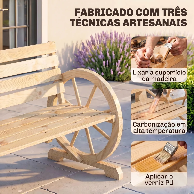 Outsunny Banco de Jardim de Madeira com Apoios em Forma de Roda para 2 Pessoas 105,5x56x79 cm Madeira