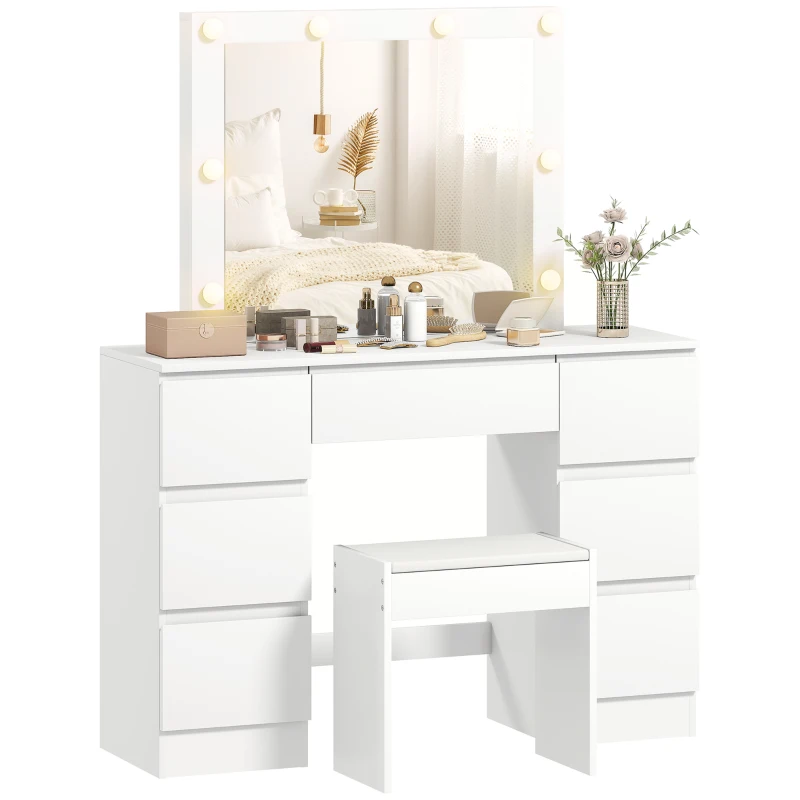 HOMCOM Masă de Toaletă pentru Machiaj cu Oglindă, Design Hollywood, 8 Lămpi LED, 7 Sertare și Taburet Tapițat, Alb