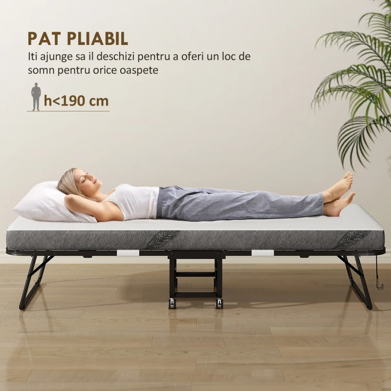 HOMCOM Pat pliabil single 90x200 cm cu saltea groasă de 10 cm, cadru metalic și roți cu frână, negru