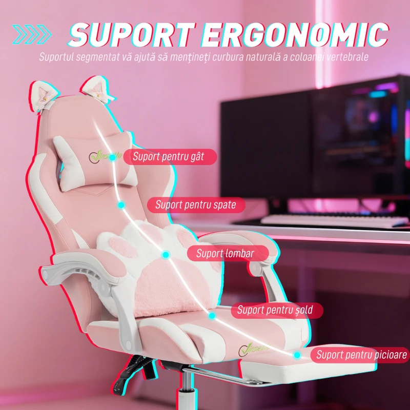 Vinsetto Scaun Gaming Ergonomic Rabatabil, cu Suport Picioare Urechi Pisică Roz