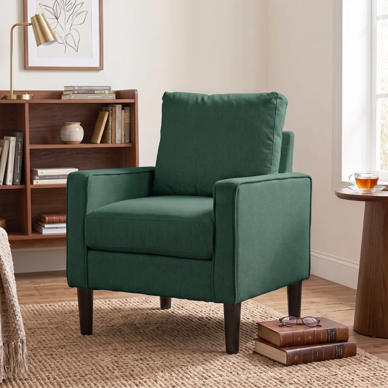 HOMCOM Accent Chair, Removable Pillow Linen Armchair with Comfy Spring Cushion for Living Room, Bedroom, Study, Dark Green