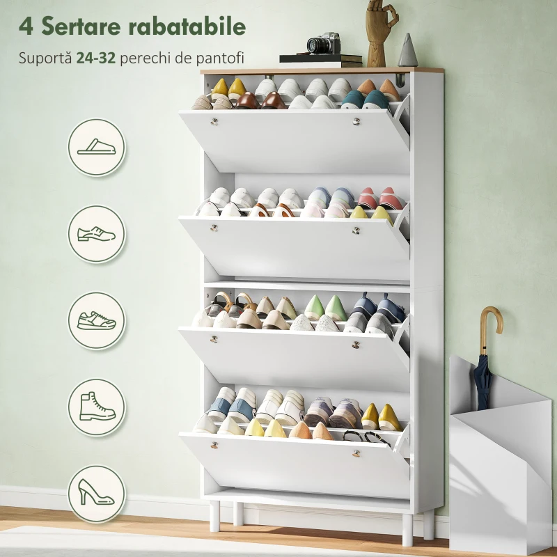 HOMCOM Dulap pantofi slim cu 4 sertare rabatabile și rafturi reglabile pentru 24-32 perechi de pantofi, 80x23.5x157 cm, alb