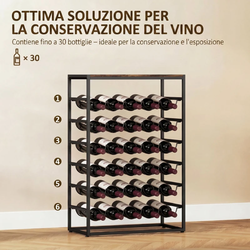 HOMCOM Portabottiglie da Terra per 30 Bottiglie con 6 Ripiani, Stile Industriale, Marrone Rustico