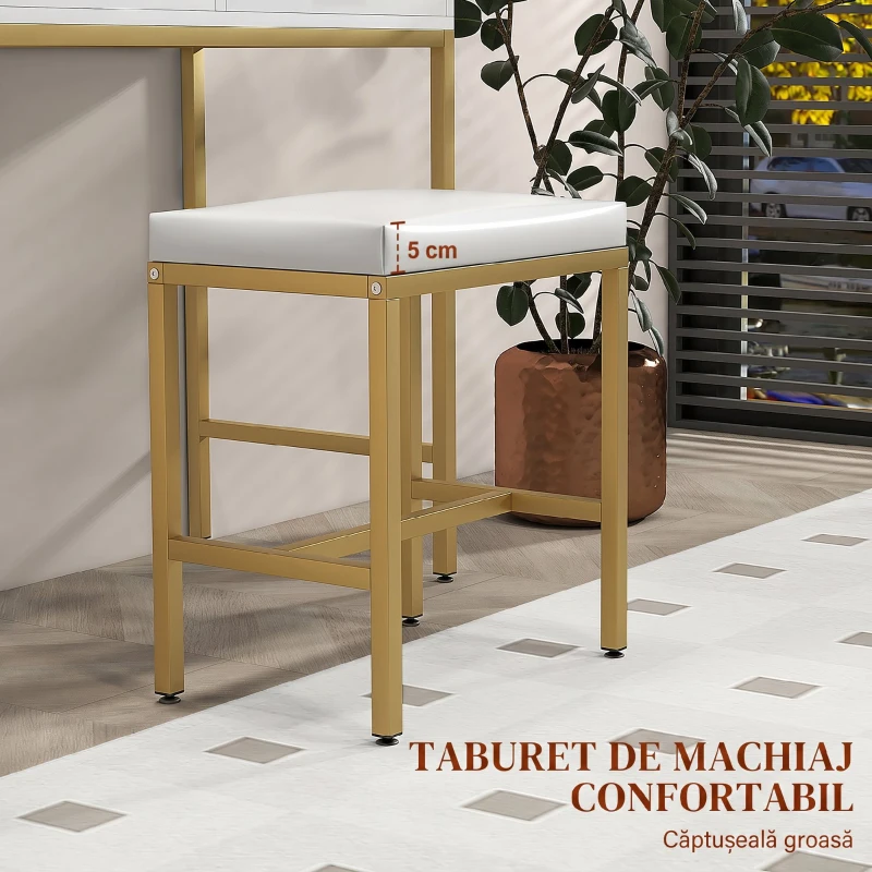 HOMCOM Măsuță de Toaletă cu Oglindă, 2 Sertare, 5 Rafturi și Taburet, din MDF și PAL, 80x40x138 cm, Alb