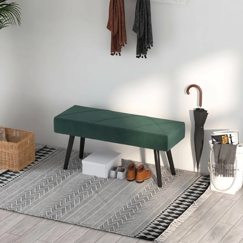 HOMCOM Bancă Tapițată pentru Dormitor, din Catifea și Oțel, 100x36x45 cm, Verde și Negru